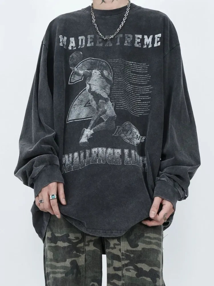 HOUZHOU Grunge Hippie Gray Graphic Sweatshirts Women Gothic Harajuku Kpop Oversize Hoodies Korean Long Sleeve Tshirts Distressed