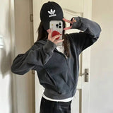 Getadme Vintage Zip Up Hoodies Women Autumn Winter Fleece Korean Fashion Gray Sweatshirt Hooded Aesthetic Streetwear Harajuku