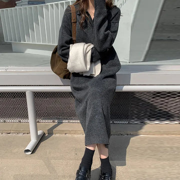 Getadme-Casual Thicken Warm Loose Sweater White Dress Women Autumn Winter Lapel Full Sleeve Solid Long Knitted Dresses Female Vestidos