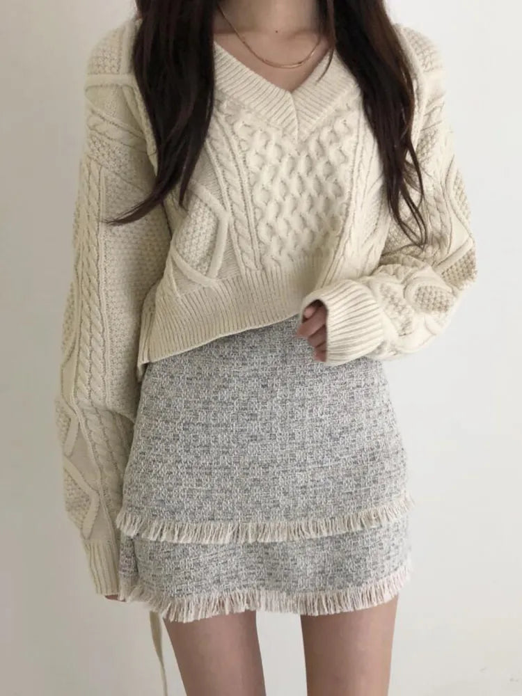 Japanese Sweet Lace Up Knit Sweater Women Cute Sexy Back Irregular V-neck Loose Long Sleeve Cropped Sweater Pullover
