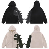 Getadme-American Design Sense Cartoon Dinosaur Splice Lamb Fleece Hooded Sweater Coat for Men and Women in Autumn and Winter