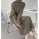Getadme-Chic Vintage Knitted Dress Women Turtleneck Autumn Winter Thicken Soft Long Sweater Dresses Women Clothing Korean Knitwear