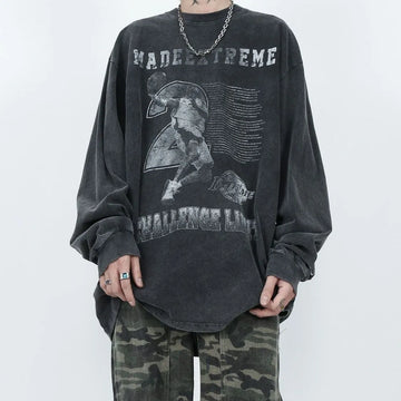HOUZHOU Grunge Hippie Gray Graphic Sweatshirts Women Gothic Harajuku Kpop Oversize Hoodies Korean Long Sleeve Tshirts Distressed
