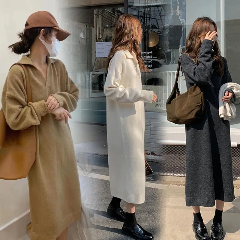 Getadme-Casual Thicken Warm Loose Sweater White Dress Women Autumn Winter Lapel Full Sleeve Solid Long Knitted Dresses Female Vestidos