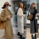 Getadme-Casual Thicken Warm Loose Sweater White Dress Women Autumn Winter Lapel Full Sleeve Solid Long Knitted Dresses Female Vestidos