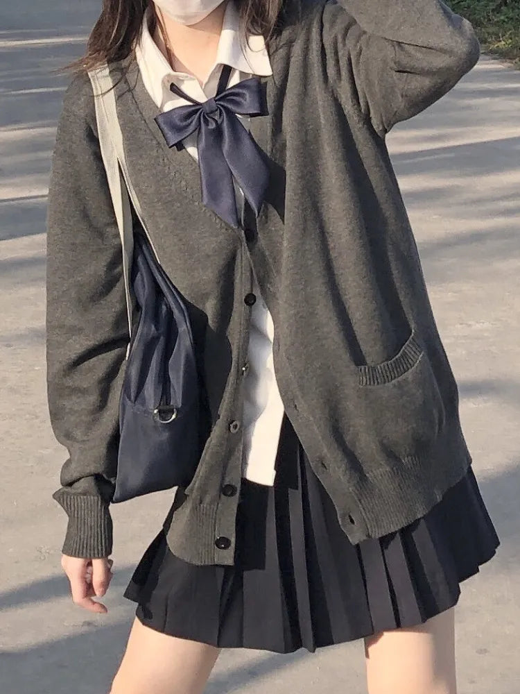 Getadme-Preppy Style Knitted Cardigan Women Harajuku Vintage V-neck Oversized Sweater Sweet Casual Long Sleeve Tops Japanese JK