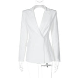 GETADME-Sexy Backless Blazers Coat Women White Lapel Hidden Buckle Long Sleeve Pocket Coats Female 2025 Summer Lady Outwear
