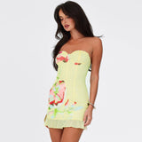 GETADME-Hugcitar 플로럴 프린트 러플 스트랩리스 우아하고 섹시하며 슬림한 귀여운 미니 드레스 여름 여성 패션 의상 해변 축제 생일