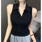 GETADME-Women's Short Sleeveless Polo Collar Slim Fit Shirt V-neck Hong Kong Style Outerwear Summer Wear Folded Collar Single Button