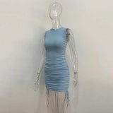 Getadme 섹시 레이스업 드로스트링 폴드 니트 슬림 바디콘 드레스 여성 민소매 솔리드 컬러 스키니 드레스 우아한 클럽 파티 베스디소