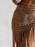 GETADME-크로셰 태슬 비키니 커버업 드레스 비치웨어 여성 타이업 수영복 태슬 롱 스커트 수영복 커버업 비치 드레스