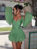 Women Sexy Chiffon Green Ruffles Split Dress V-neck Long Sleeve A Line Mini Dresses 2025 Female Holiday Beach Vacation Vestidos