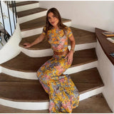GETADME-Elegant Flower Print Short Sleeve Shirt Long Skirt Set Women Bodycon O-neck Tops Skirt 2025 New Vocation Beach Street Outfit