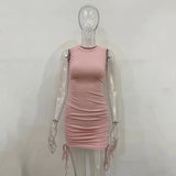 Getadme 섹시 레이스업 드로스트링 폴드 니트 슬림 바디콘 드레스 여성 민소매 솔리드 컬러 스키니 드레스 우아한 클럽 파티 베스디소