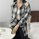 GETADME-Casual Long Sleeves Autumn Blouse Korean Mid Length Loose Women Winter Plaid Shirt Female Fashion Turn Down Collar Tops