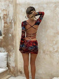2025 New Sexy Women's Halter Lace-Up Bodycon Dress Europe & US Style Slim Fit Long Sleeve Low Waist Party Club Dress