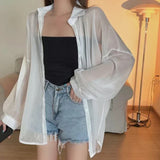 GETADME-Women Shirt Long Sleeve Top Blouse Female Chiffon Loose Summer Cardigan Thin Sexy Solid Color Casual Shirt Outerwear Прозрачная