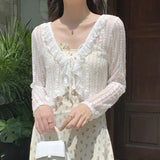 GETADME-Women Summer Sun Protection Coat Lace Bow Ruffle Cardigan Shirt Female Blouse Tops for Woman Covers Blusa White Y2K Korean Shirt