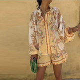 GETADME-시크한 프린트 여성용 반바지 정장 라플 싱글 브레스티드 풀슬리브 셔츠 신축성 허리 반바지 여성 세트 여름 아웃웨어