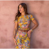 GETADME-Elegant Flower Print Short Sleeve Shirt Long Skirt Set Women Bodycon O-neck Tops Skirt 2025 New Vocation Beach Street Outfit