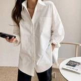 GETADME-Office Lady Elegant White Casual Loose Blouses Fashion New Cotton Long Sleeve Women Shirt Turndown Collar Tops
