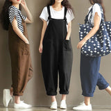 Fashion Women Casual Loose Solid Jumpsuit Spring Strap Dungaree Harem Trousers with Pockets Overalls Plus Size 5XL