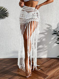 GETADME-크로셰 태슬 비키니 커버업 드레스 비치웨어 여성 타이업 수영복 태슬 롱 스커트 수영복 커버업 비치 드레스