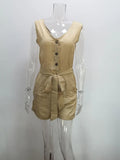 Women's Casual V-neck Monochromatic Jumpsuit, Five-Point Shorts, European and American, Summer, New, 2024