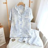 GETADME 100% Cotton Gauze Women Pajamas Sleepwear Female 2 Piece Set Ink Painting Printing Nightwear Pyjamas Home Clothes Loungewear