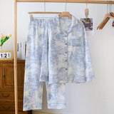 GETADME 100% Cotton Gauze Women Pajamas Sleepwear Female 2 Piece Set Ink Painting Printing Nightwear Pyjamas Home Clothes Loungewear