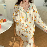 GETADME 100% Cotton Gauze Women Pajamas Sleepwear Female 2 Piece Set Ink Painting Printing Nightwear Pyjamas Home Clothes Loungewear