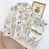 GETADME 100% Cotton Gauze Women Pajamas Sleepwear Female 2 Piece Set Ink Painting Printing Nightwear Pyjamas Home Clothes Loungewear