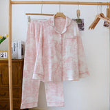 GETADME 100% Cotton Gauze Women Pajamas Sleepwear Female 2 Piece Set Ink Painting Printing Nightwear Pyjamas Home Clothes Loungewear