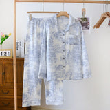 GETADME 100% Cotton Gauze Women Pajamas Sleepwear Female 2 Piece Set Ink Painting Printing Nightwear Pyjamas Home Clothes Loungewear