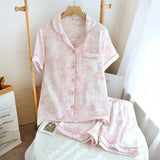 GETADME 100% Cotton Gauze Women Pajamas Sleepwear Female 2 Piece Set Ink Painting Printing Nightwear Pyjamas Home Clothes Loungewear