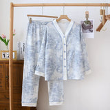 GETADME 100% Cotton Gauze Women Pajamas Sleepwear Female 2 Piece Set Ink Painting Printing Nightwear Pyjamas Home Clothes Loungewear