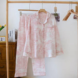 GETADME 100% Cotton Gauze Women Pajamas Sleepwear Female 2 Piece Set Ink Painting Printing Nightwear Pyjamas Home Clothes Loungewear