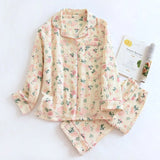 GETADME 100% Cotton Gauze Women Pajamas Sleepwear Female 2 Piece Set Ink Painting Printing Nightwear Pyjamas Home Clothes Loungewear