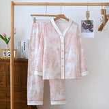 GETADME 100% Cotton Gauze Women Pajamas Sleepwear Female 2 Piece Set Ink Painting Printing Nightwear Pyjamas Home Clothes Loungewear