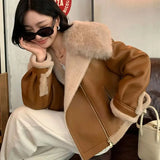 GETADME 100% Real Wool Fur Coat Motorcycle Fur Coat Short Style New Thickened Home Fleece Fur Jacket Top