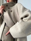 GETADME 100% Wool Coat Women Full Sleeve Loose Long Cashmere Coat 2025 Autumn Winter Lady Commute Overcoat Lapel Belt Jacket