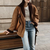 GETADME 100% Wool Lining Women's Suede Leather Coat 2025 Fall Winter Loose Female Casual Warm Full Sleeve Shearling Fur Jacket Coats