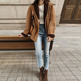GETADME 100% Wool Lining Women's Suede Leather Coat 2025 Fall Winter Loose Female Casual Warm Full Sleeve Shearling Fur Jacket Coats