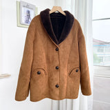 GETADME 100% Wool Lining Women's Suede Leather Coat 2025 Fall Winter Loose Female Casual Warm Full Sleeve Shearling Fur Jacket Coats