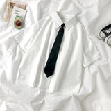 GETADME White Shirts Women Fashion Black Tie Japan Style Preppy Students JK Girls Blouse Simple Solid Loose Summer Button Up Tops New