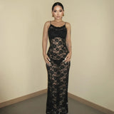 GETADME-Dulzura See Through Ruffled Patchwork Lace Cami Maxi Dress Sleeveless Sexy Long Dress Party Club  Autumn Y2K