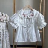 GETADME-일본식 귀여운 화이트 로리타 블라우스 여성 스위트 리본 러플 코튼 탑 여름 소녀 프레피 스타일 퍼프 반팔 귀여운 셔츠