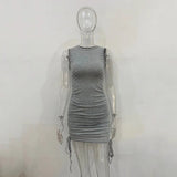 Getadme 섹시 레이스업 드로스트링 폴드 니트 슬림 바디콘 드레스 여성 민소매 솔리드 컬러 스키니 드레스 우아한 클럽 파티 베스디소