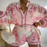 GETADME-시크한 프린트 여성용 반바지 정장 라플 싱글 브레스티드 풀슬리브 셔츠 신축성 허리 반바지 여성 세트 여름 아웃웨어