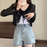GETADME-Women Summer Sun Protection Coat Lace Bow Ruffle Cardigan Shirt Female Blouse Tops for Woman Covers Blusa White Y2K Korean Shirt
